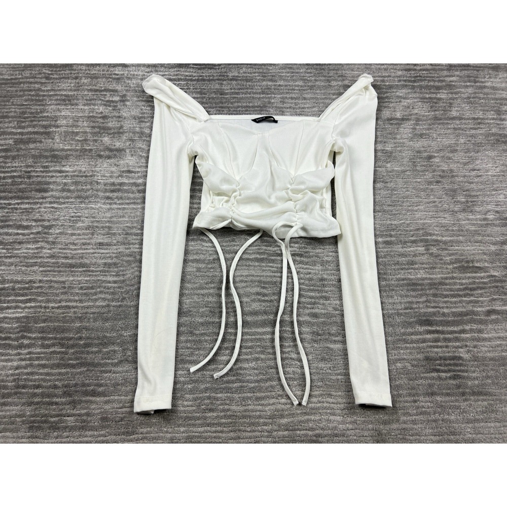 SHEIN Crop Top Women S White Ruched Drawstring Ribbed Long Sleeve Square Neck